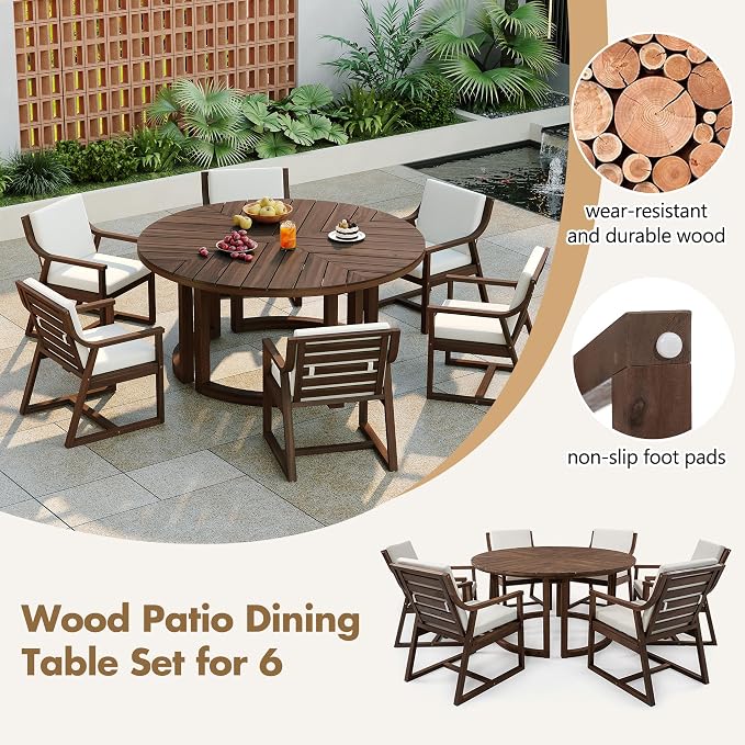 VilroCaz Acacia Wood Outdoor Dining Set for 6, All-Weather Outdoor Round Dining Table with 1.96" Umbrella Hole and 6 Armchair& Removable Cushions for Patio Backyard Pools (Mocha-2.14)