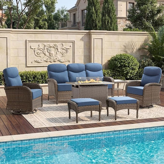 High Back Luxury Patio Furniture Set with Fire Pit Table, 6-Inch Cushion Swivel Rocker Patio Chairs with Outdoor Couch, 7 Piece Wicker Conversation Set for Deck Yard Garden Balcony Blue