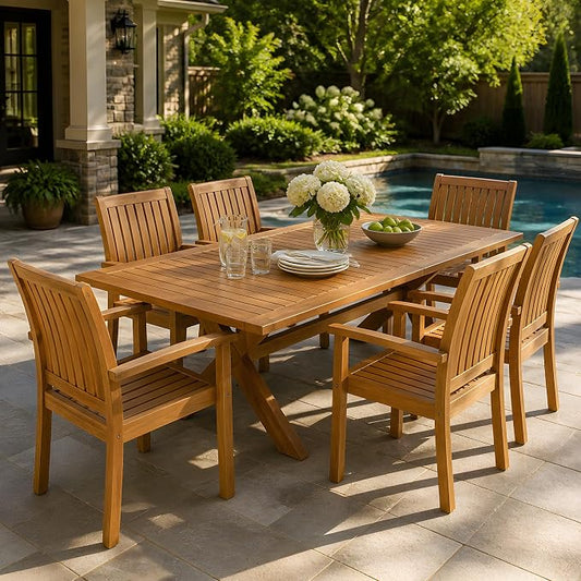 Christopher Knight Home Daron 7 Piece Acacia Wood Outdoor Dining Table Set for 6, Extendable Dining Table and 6 Patio Chairs, Slatted Wooden Outdoor Patio Furniture Set for Garden/Backyard, Teak