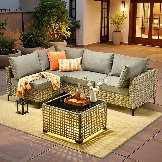 5 Pieces Patio Sectional Furniture Set, Outdoor Wicker Sectional Couch with Solar Lights Table, Modern Conversation Set for Porch Balcony Backyard, Dark Gray