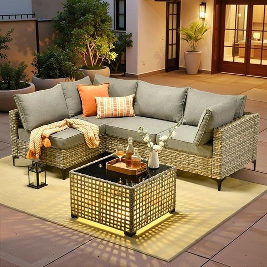 5 Pieces Patio Sectional Furniture Set, Outdoor Wicker Sectional Couch with Solar Lights Table, Modern Conversation Set for Porch Balcony Backyard, Dark Gray