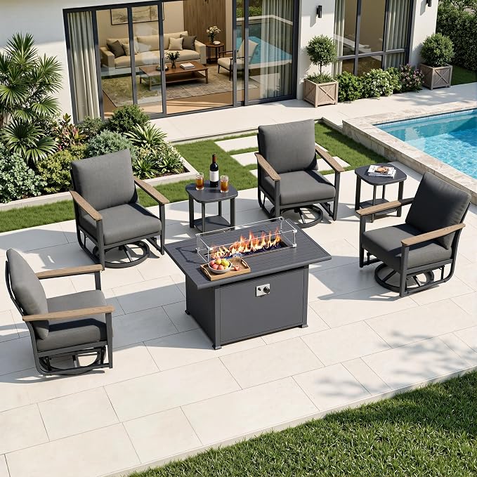 7Pcs Patio Rocking Swivel Chair with 55,000 BTU Fire Pit Table Outdoor Aluminum Bistro Set with Coffee Table, Patio Furniture Set with High Backrest & Thickened Cushions, Dark Grey