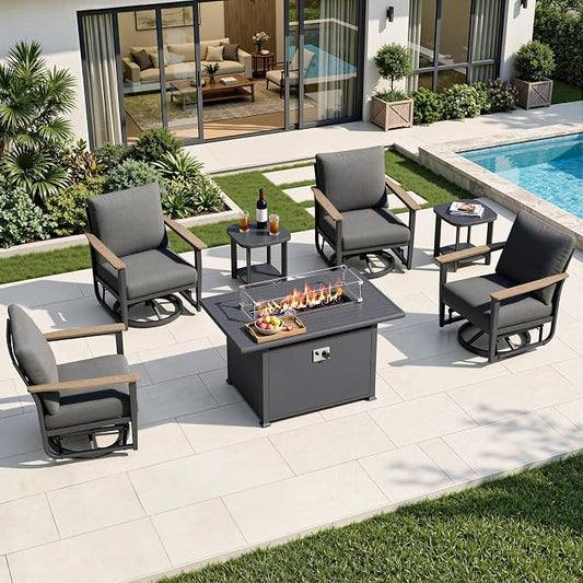 7Pcs Patio Rocking Swivel Chair with 55,000 BTU Fire Pit Table Outdoor Aluminum Bistro Set with Coffee Table, Patio Furniture Set with High Backrest & Thickened Cushions, Dark Grey