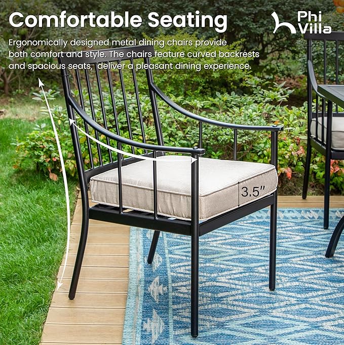 PHI VILLA 7 Piece, Outdoor Dining Table, 59"x36" Table, Umbrella Hole | Metal, Swivel Chairs, Iron Chairs, Cushions, Weather-Resistant, Adjustable, 360° Swivel, 350 lbs Capacity