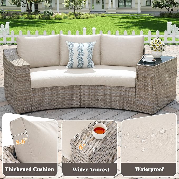 LUXOAK 9-Piece Wicker Patio Furniture Set with Swivel Rocking Chairs, Curved Sectional Sofa with Storage Table, All-Weather Outdoor Conversation Set with 6" Armrests, for Backyard/Garden/Deck