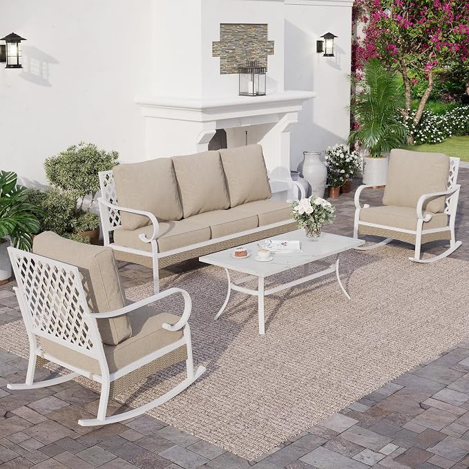 SUNSHINE VALLEY 4 PCS Metal Outdoor Patio Furniture Set, Patio Conversation Set 1 3-seater Sofa, 2 Rocking Chairs with 5.75" Extra Thick Cushion and Coffee Table, White Frame Backyard Furniture, Beige