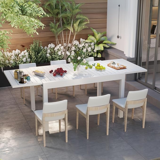 All Aluminum Expandable Patio Dining Table for 4-6 People, Extendable Outdoor Dining Room Table, All Weather Patio Furniture, Rectangular Metal Table with Adjustable Width 35"- 71", Ivory White