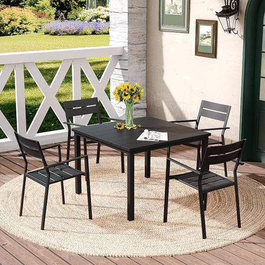 DIFY 5 Pieces Outdoor Patio Dining Set for 4, 40.2" Square Metal Dining Table and 4 Metal Stackable Dining Chairs, Outdoor Table and Chairs for Lawn Garden Poolside, Black