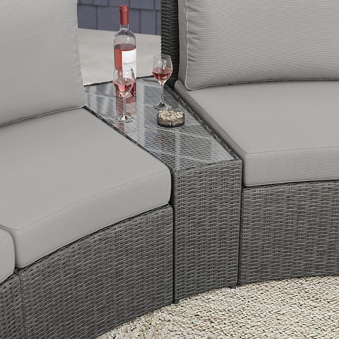Martha Stewart Bedford Indoor-Outdoor Tapered Patio Side Table with Inset Tempered Glass Top and Rattan Wicker Finish in Gray