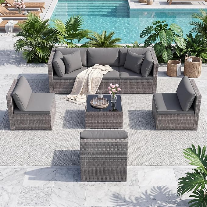Tangkula 7 Pieces Wicker Patio Furniture Set, Outdoor Sectional Rattan Sofa Set with Seat & Back Cushions, Pillows, Coffee Table, Modular Conversation Set for Backyard, Poolside, Deck & Garden, Grey