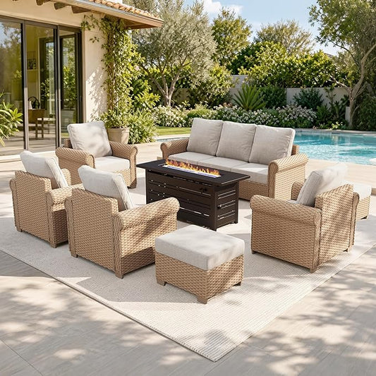 HERA'S HOUSE 8 Pieces Patio Furniture Set, All Weather 9 Seats Outdoor Wicker Sofa with Ottomans, Rattan Patio Conversation Set with 5.5" Cushions and 57" Fire Pit Table, Beige