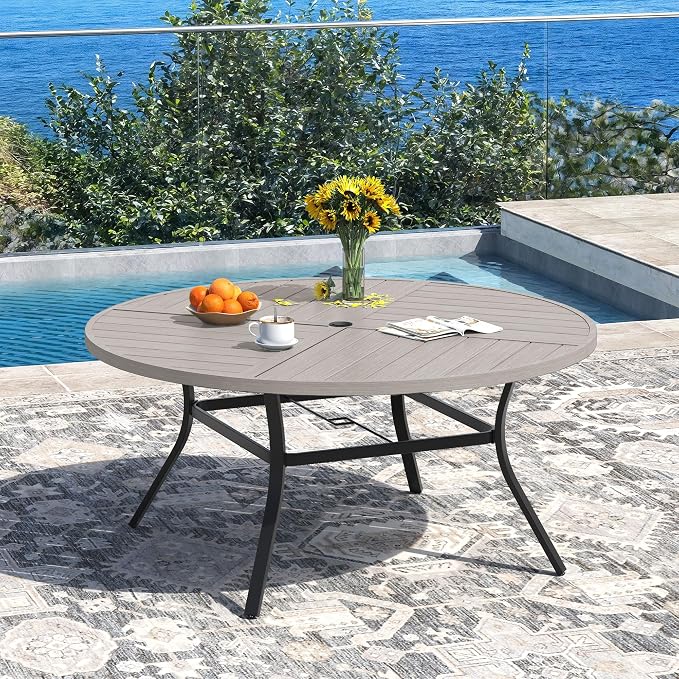 DIFY 9 Pieces Outdoor Patio Dining Set for 8, 53.1" Grey Wood-Like Round Metal Dining Table and 8 Sandshell Stackable Textilene Patio Chairs, Outdoor Table and Chairs for Backyard Garden Poolside
