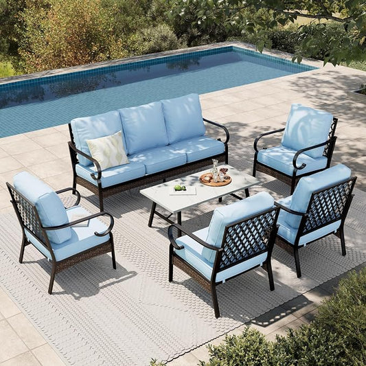 HERA'S HOUSE 6 Piece Metal Patio Furniture Set, All Weather Outdoor Conversation Set with 3-Seat Sofa, 4 Fixed Chairs & Coffee Table, 7 Seats for Backyard, Garden, Deck, Blue