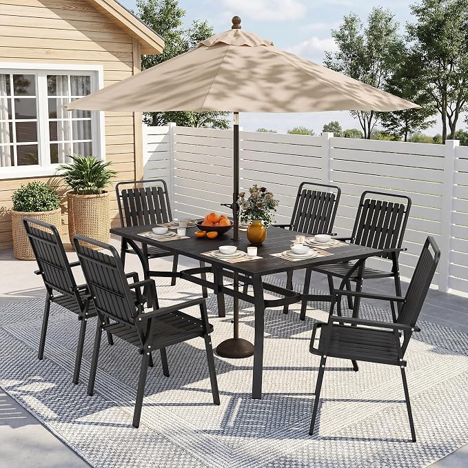 Outdoor Dining Set for 6, Patio Table and Chairs Set with 1.97'' Umbrella Hole, 7pcs Patio Furniture Set 63”x37.8'' Dining Table Set for Porch Deck Backyard Pool