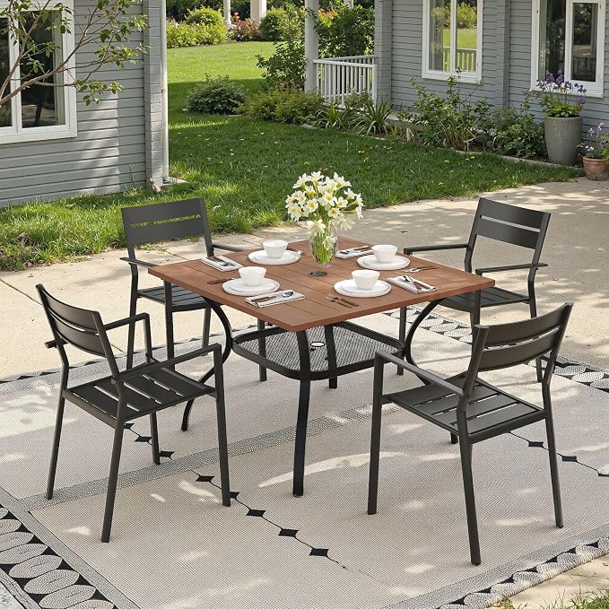 Outdoor Dining Table with Adjustable Umbrella Hole, 37.8" All-Weather Square Patio Dining Table for 4, Metal Patio Table for Garden Lawn Porch Deck Yard, Walnut