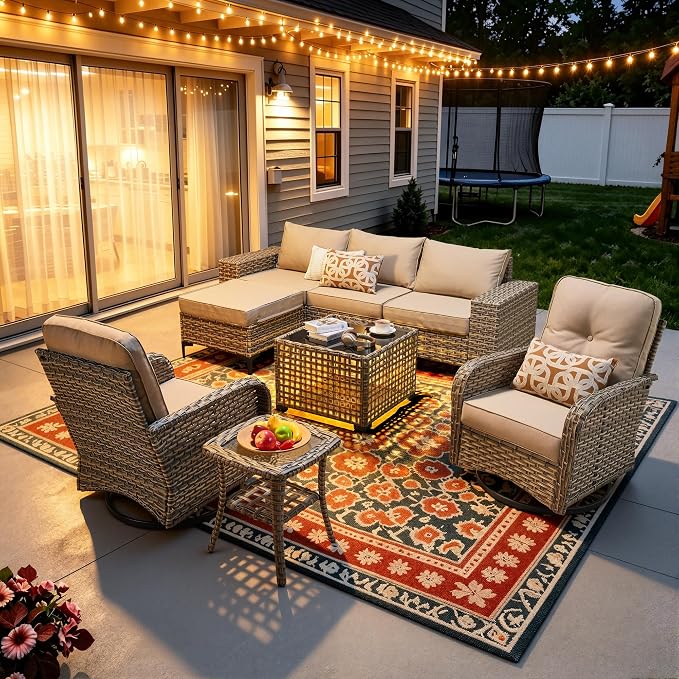 8-Piece Wicker Outdoor Sectional Furniture, Wide Armrest Patio Couch with Swivel Rocking Chair Ottoman Solar Table, Modular Sofa Rattan Conversation Sets for Backyard Deck Garden, Beige