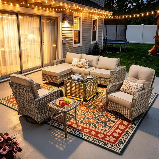 8-Piece Wicker Outdoor Sectional Furniture, Wide Armrest Patio Couch with Swivel Rocking Chair Ottoman Solar Table, Modular Sofa Rattan Conversation Sets for Backyard Deck Garden, Beige