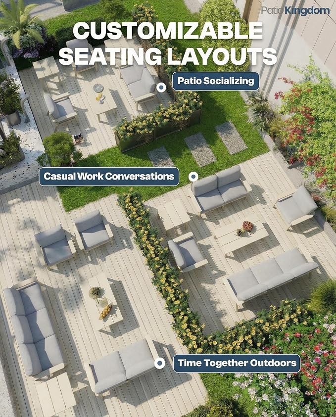Patio Furniture Set 2 Seats, HDPE Outdoor Sectional with Gray Washable Thick Cushions, Coffee Table, Patio Conversation Sets for Lawn, Garden, Porch, Balcony, Deck (White Frame)