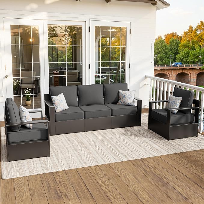 Aluminum Patio 79" Sofa Set with 2 Armchairs, All Weather Outdoor Conversation Furniture Set with Metal Armrest & 6" Water-Resistant Cushions & Furniture Covers for Deck Porch (Grey)