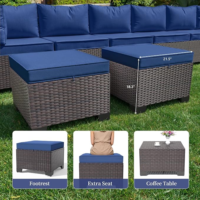 10 Pieces Outdoor Patio Furniture Set,Outdoor Sectional Furniture with 43" 55000 BTU Gas Propane Fire Pit Table,All Weather PE Rattan Wicker Patio Conversation Set with 2 Ottomans,Navy Blue