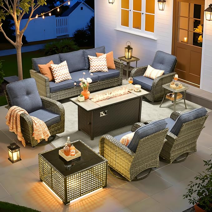 ovios 9 Pieces Patio Furniture Set, Outdoor Wicker Sofa Couch with Swivel Glider Chairs Fire Pit Table, Modern Deep Seat Rattan Conversation Sets for Deck Porch, Denim Blue