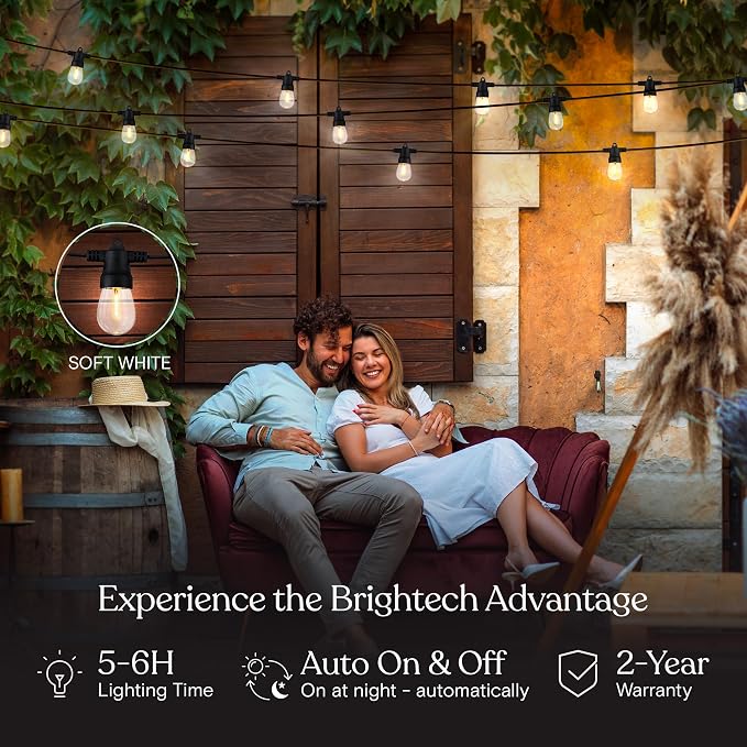 Brightech Ambience Hybrid Outdoor String Lights - Dual Plug and Solar Powered Waterproof LED Light String for Outside - 48 Ft, Soft White Edison Bulbs, for Camping, Patio, Cafe, Yard, Porch