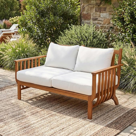 Merax 2-Seater Mid-Century Modern Acacia Wood Outdoor Loveseat with Weather-Resistant Cushions, Patio Sofa for Deck, Poolside, Backyard