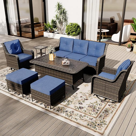 Gotland 7-Pcs Patio Conversation Set, Outdoor Thick Wicker Sectional Sofas with 2 Swivel Rocker Chairs, High Back Sectional Couch, Outdoor Furniture Set for Backyard, Deck, Porch, Navy Blue