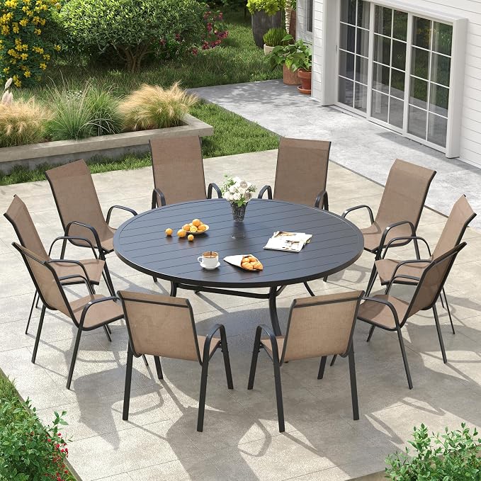 VICLLAX Round Patio Dining Set for 10, Metal Slatted Patio Table with Umbrella Hole and Stackable Patio Chairs for Deck Lawn Garden, Brown Fabric and Black Tabletop