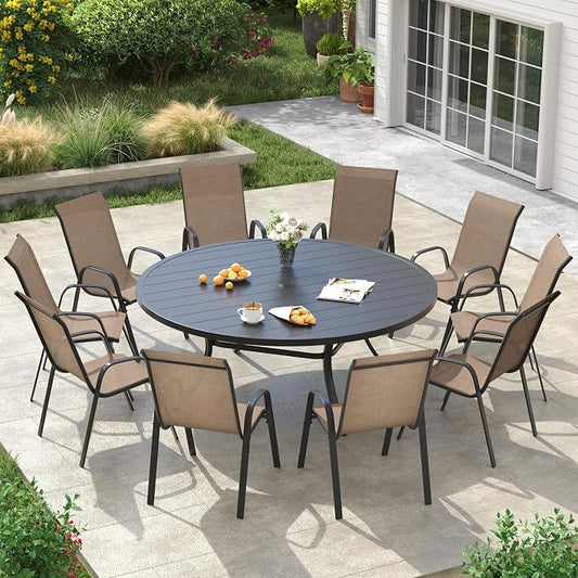 VICLLAX Round Patio Dining Set for 10, Metal Slatted Patio Table with Umbrella Hole and Stackable Patio Chairs for Deck Lawn Garden, Brown Fabric and Black Tabletop