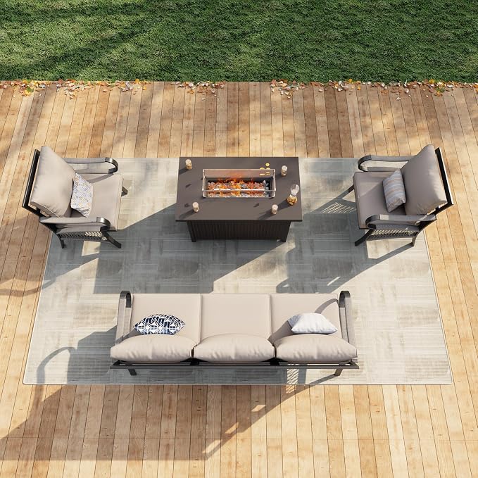 4 Pieces Patio Furniture Set, Metal Outdoor Conversation Sets with Fire Pit Table for Backyard Garden Deck Porch Poolside (Thick Beige Cushions)