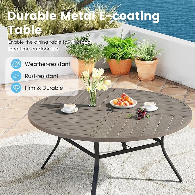 Patio Dining Table for 8-10, Round Metal Outdoor Table with Storage Shelf, 1.57" Umbrella Hole, 60" Outdoor Quartered Tabletop Dining Table for Backyard, Porch, Lawn, Grey