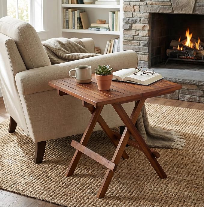 Bare Decor Ravinia Folding Teak Small Table, Oiled Finish Brown