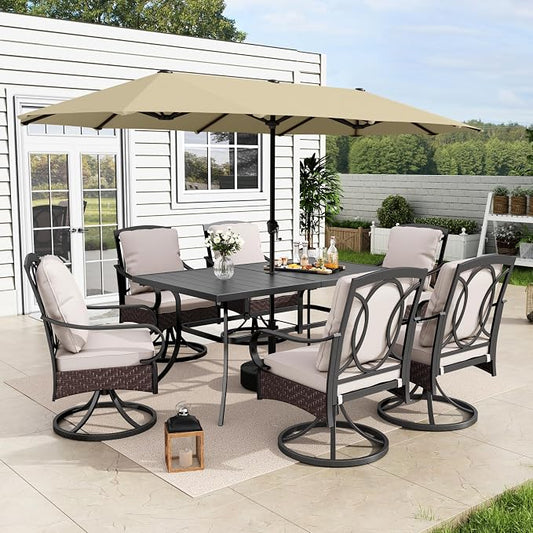 MFSTUDIO Outdoor Patio Dining Set for 6, Patio Dining Set with Umbrella, Outdoor Table and Chairs for 6, Patio Rectangular Metal Dining Table with Swivel Chairs, 8 Pieces Outdoor Furniture Set