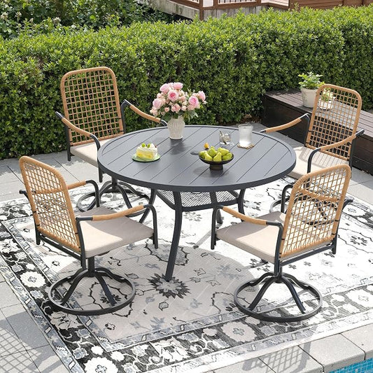 DIFY 5 Pieces Outdoor Dining Set for 4, 47.2" Round Dining Table with Umbrella Hole & Wicker Swivel Patio Chairs with Cushions, Metal Patio Table and Chairs Set for Backyard Porch Garden, Grey