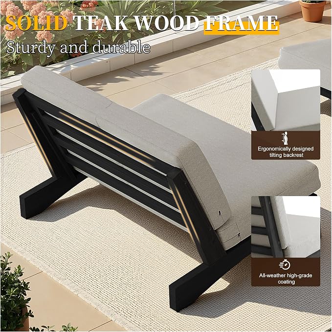 4 Piece Teak Outdoor Patio Frutnire Set, 5 Seater Patio Conversation Sets with Thick Cushions, Outdoor Sectional Furniture with Coffee Table - Light Camel