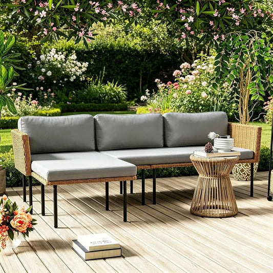 DECMICO 3-Piece Patio Furniture Set, L-Shaped Outdoor Sectional Sofa with Thick Cushions, All-Weather Rattan Conversation Set, Boho Style Detachable 3-Seater Lounger (Charcoal Grey)