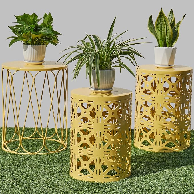 Y&M Outdoor Side Tables Set of 3, Metal Nesting Patio Side Tables for Outside, Decorative Garden Stool Plant Stand for Patio Garden Balcony Porch-Yellow