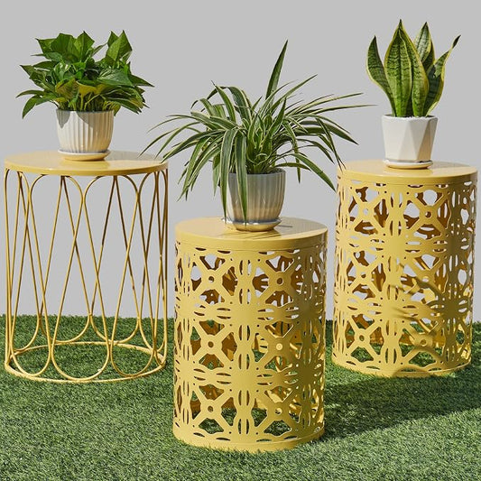 Y&M Outdoor Side Tables Set of 3, Metal Nesting Patio Side Tables for Outside, Decorative Garden Stool Plant Stand for Patio Garden Balcony Porch-Yellow