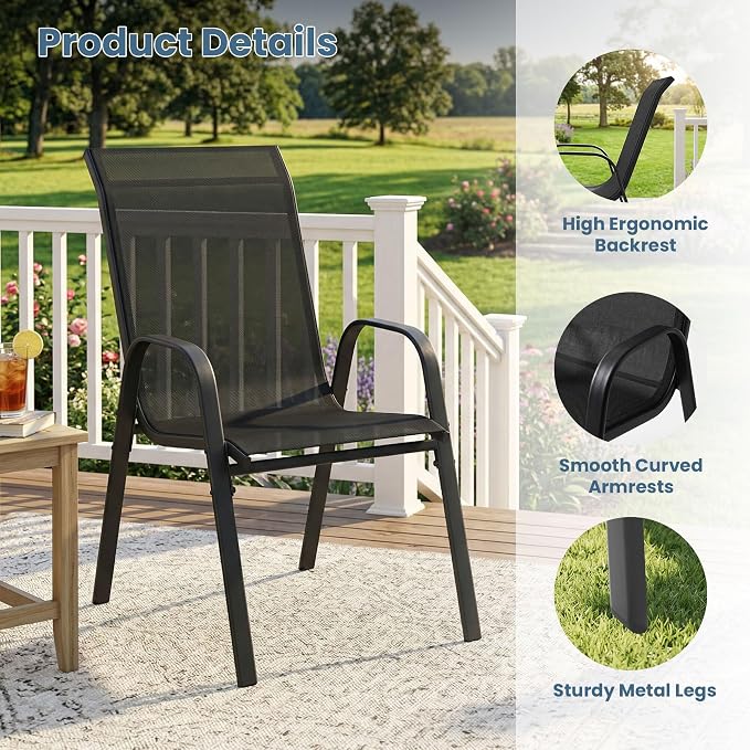 DIFY 7 Piece Outdoor Dining Set, 50" Black Round Metal Dining Table and Dark Grey Textilene Stackable Patio Chairs, Patio Table and Chairs Set for 6 with Umbrella Hole for Backyard Garden Deck