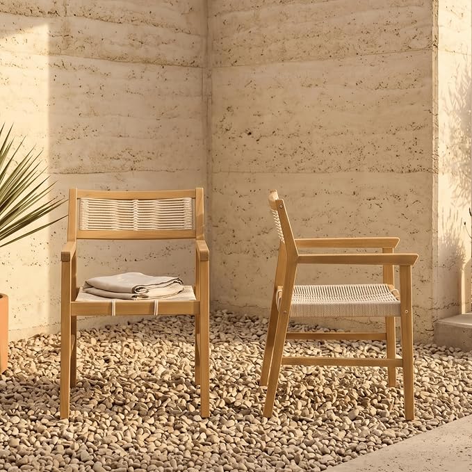 NTC Terra 8 Pieces Solid Wood Armchairs with Handwoven Rope Seat & Back, Indoor & Outdoor Dining Chairs for Patio Dining Sets, Modern Patio Chairs with Arms, Easy Assembly, Natural