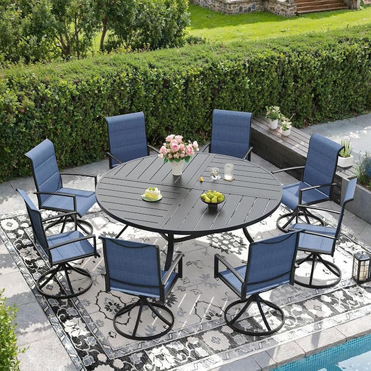 DIFY 9 Piece Outdoor Dining Set, Metal Patio Table and Chairs Set, 59.8" Black Round Dining Table & 8 Blue Padded Textilene Swivel Patio Chairs, Outdoor Furniture Set for Garden Backyard Porch