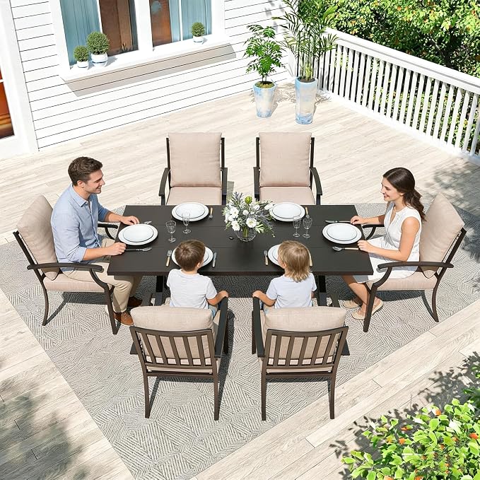 Gotland 7 Piece Outdoor Dining Set, Metal Outdoor Table and Chairs with X-Shaped Legs 1.5" Umbrella Hole, Patio Furniture Set with Waterproof Cushions, Patio Dining Sets for Backyard Deck Khaki