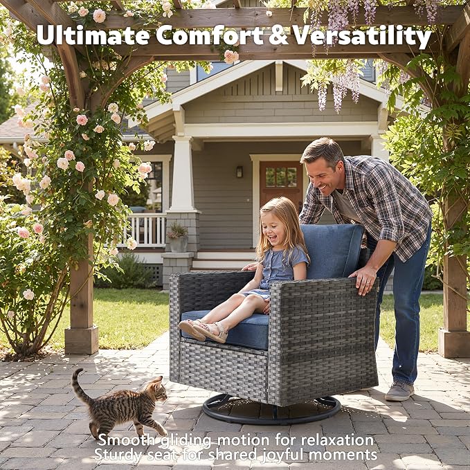 CAODOC 7 Pieces Outdoor Wicker Patio Set with 7 Seats, Including 43" Fire Pit - Swivel Rocker Chairs and Conversation Set for Backyard or Lawn, Gray Rattan with Waterproof Blue Cushions