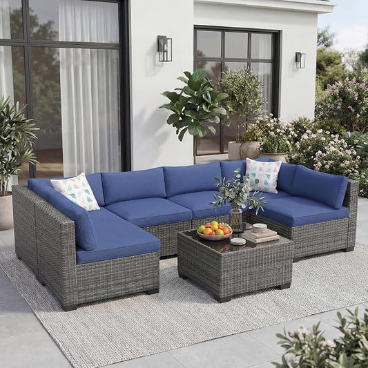 7 PCS Outdoor Sectional Furniture Set, Wicker Conversation Set Sofa, Gray | Freely combinable outdoor conversation sofa Weather resistant rattan wicker furniture Easy clean