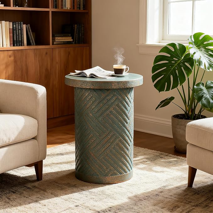 16.93" Cement End Tables for Patio,Green | Faux Terrazzo Modern Small Round Side Accent Table,Tree Stump Garden Stool Drum Indoor and Outdoor