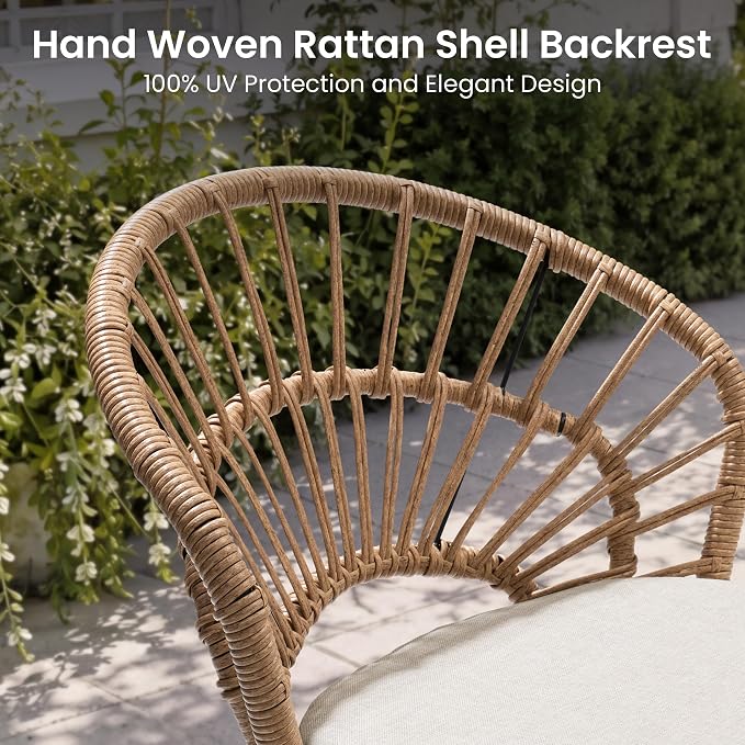 Rattan Patio Dining Chairs Set of 6, Hand-Woven Wicker Outdoor Chair | Shell Shaped Back with 2.6” Black Detachable Cushion, Sled Metal Frame Patio Side Chairs for Garden Backyard Porch