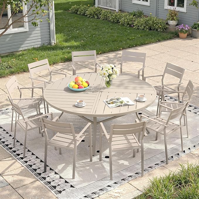 Patio Dining Set for 10, Round 63.1" Patio Dining Table and Stackable Outdoor Dining Chairs Outdoor Furniture for Backyard Porch Deck, Spliced Sandshell Table and Sandshell Chairs