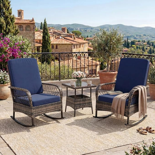 GarveeHome 3-Piece Outdoor Rocking Chair Set, Wicker Rattan Patio Furniture with Glass-Top Coffee Table, Modern Conversation Seating with Cushions for Porch, Backyard (Brown Rattan & Blue Cushion)