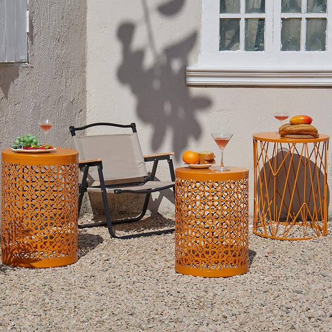 Y&M Outdoor Side Tables, Set of 3 Metal Stacking Patio Side Tables for Outside, Round Indoor End Tables, Coffee Accent Poolside Tables for Patio Garden Balcony, Orange